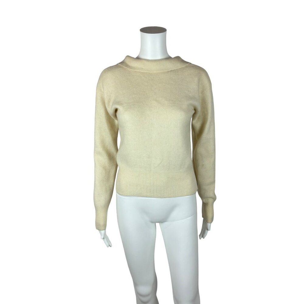 Vintage 80s Wool Sweater Women's Small Cream Collared Back Lambswool Angora Pull